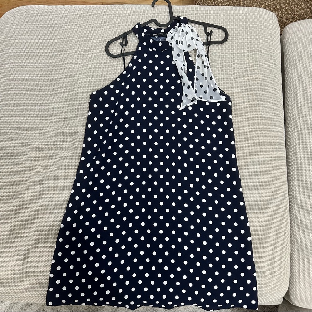 Zara polkadot dress, bow at collar - Size Sm - trapeze shape - Navy and white